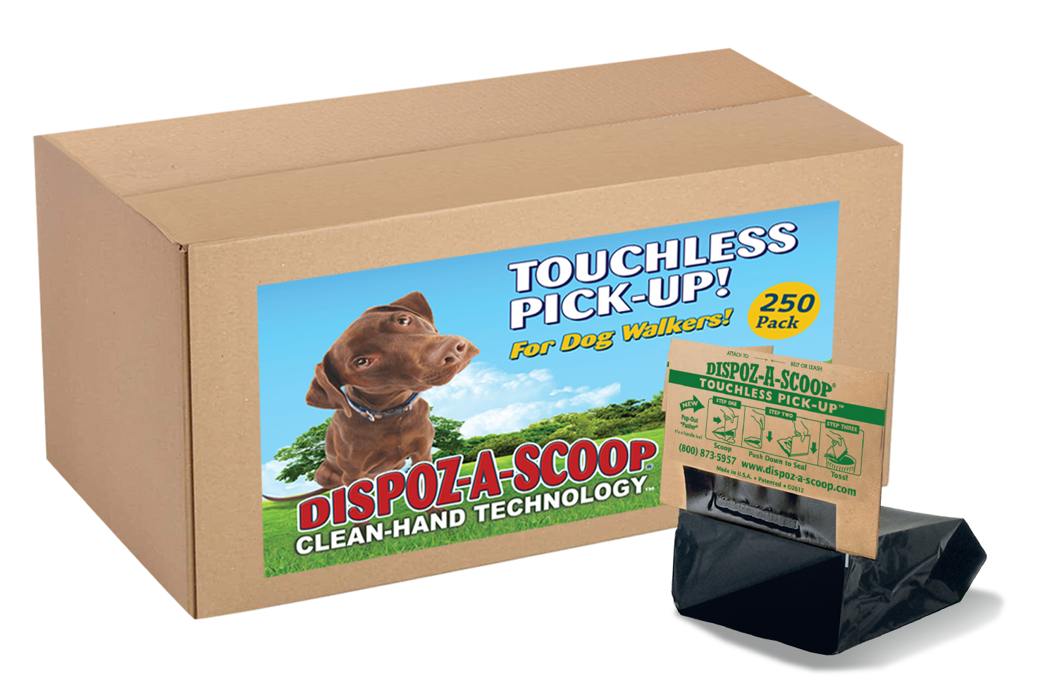 Dispoz-A-Scoop® Safe, Sanitary Dog Poop Clean-up! Self-Sealing Odor-Free No Touch! 250 Pack